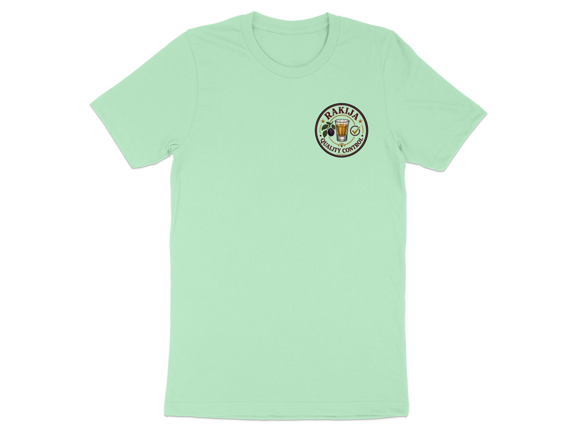 Mint t-shirt with a circular logo featuring a glass and olives, "Rakija" and "Quality Control".