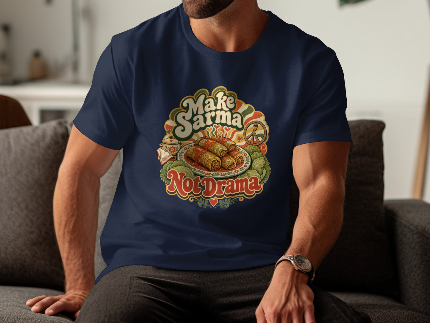 Navy t-shirt with "Make Sarma Not Drama" text and sarma on a plate.