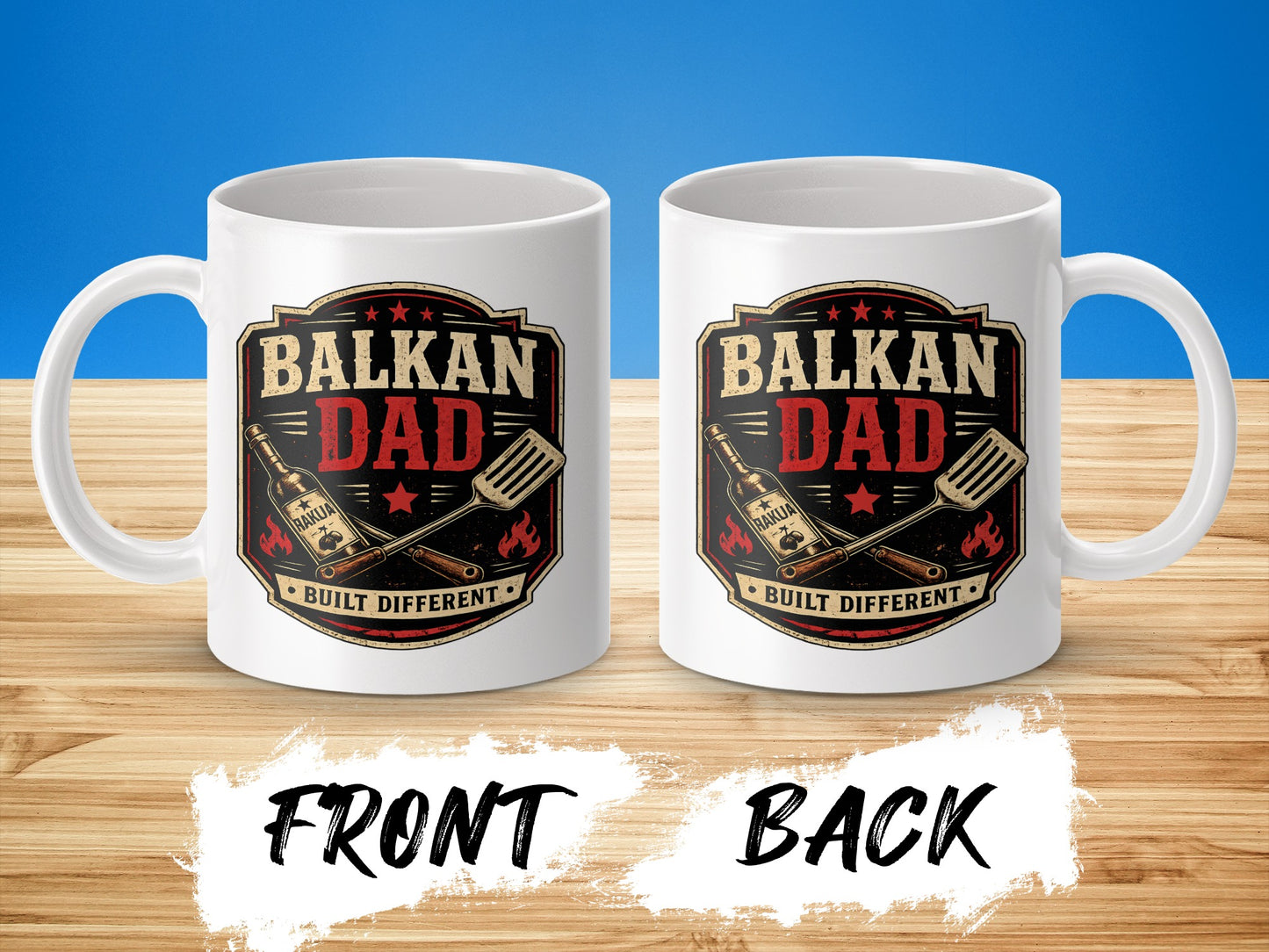 White mug with "Balkan Dad Built Different" text and barbecue graphics.