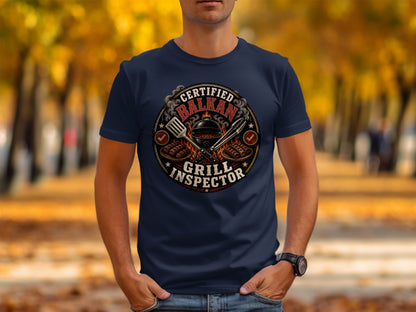 Certified Balkan Grill Inspector t-shirt design with grill and tongs.