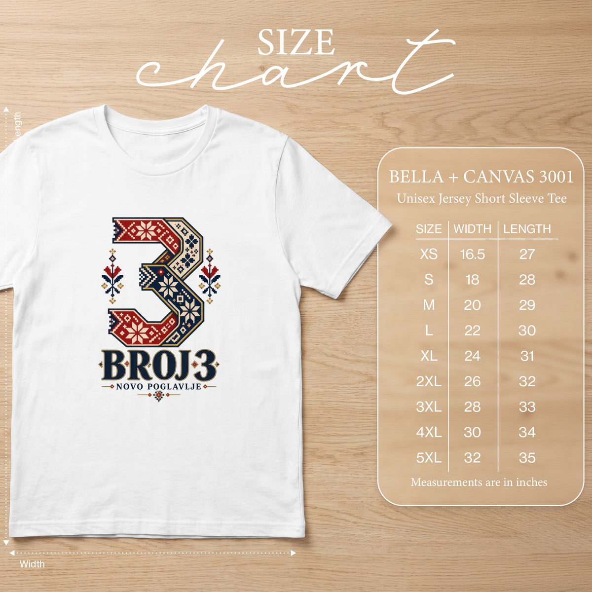 A white t-shirt featuring a stylized number three with folk patterns and text next to a Bella Canvas 3001 size chart.