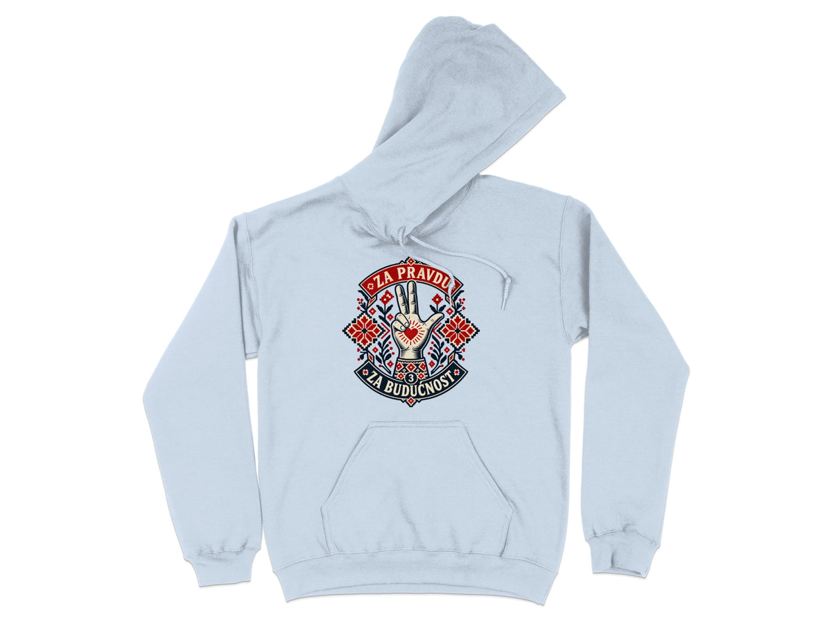 Light blue hooded sweatshirt featuring a graphic print of a hand and Cyrillic text on the chest.