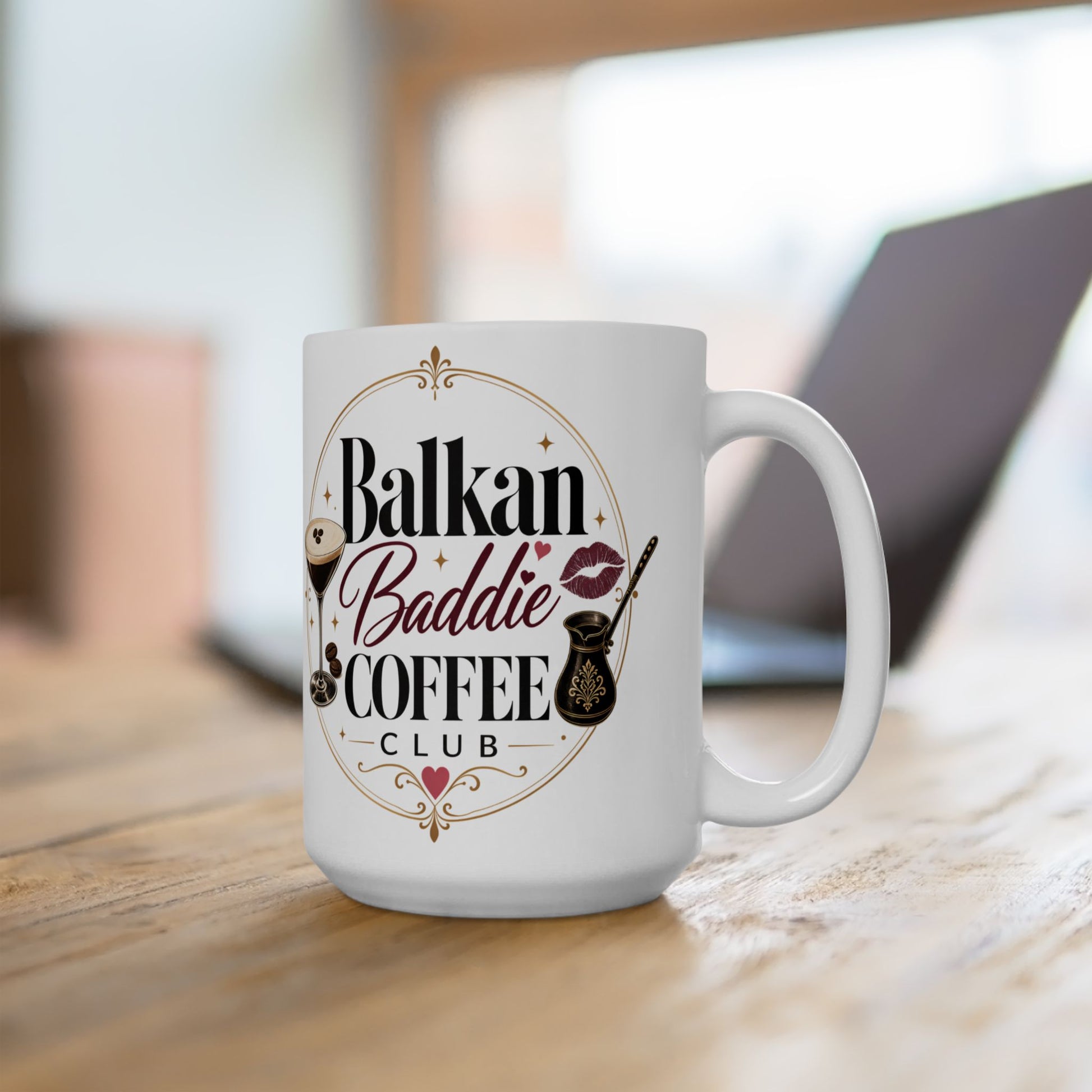 White mug with "Balkan Baddie Club" text and coffee pot illustration.