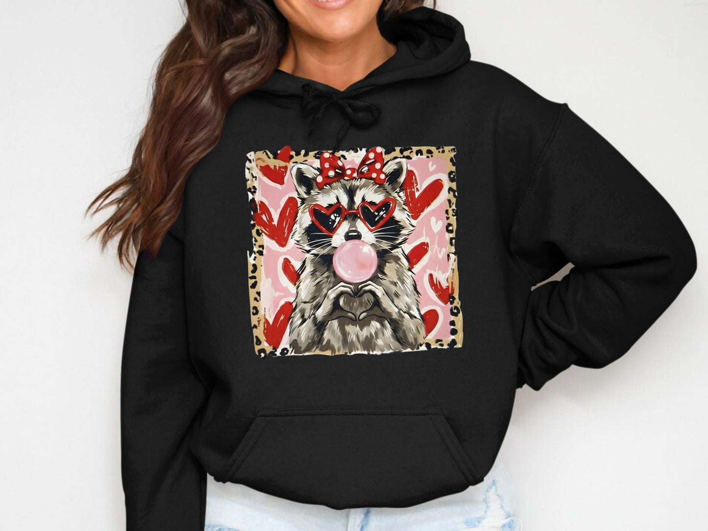 Cute Valentine Themed Raccoon Black Hoodie Product