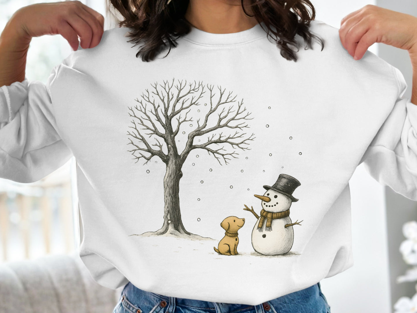 Snowman and Dog with Winter Tree Illustration Shirt