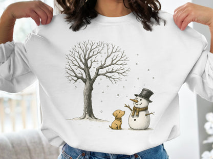 Snowman and Dog with Winter Tree Illustration Shirt