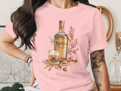Rakija Taster with Glass Design on Pink T-Shirt product type
