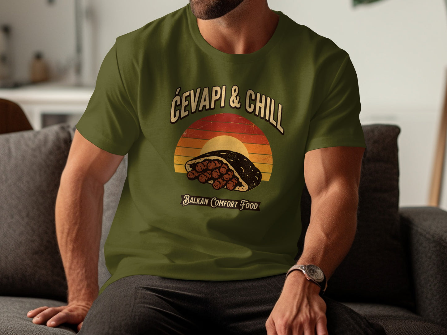 Olive green t-shirt with "Ćevapi & Chill Balkan Comfort Food" graphic.