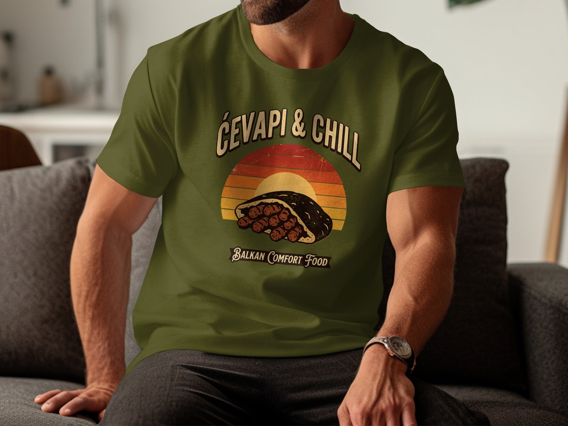 Olive green t-shirt with "Ćevapi & Chill Balkan Comfort Food" graphic.