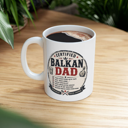 White mug with "Certified Balkan Dad" text and graphic design.