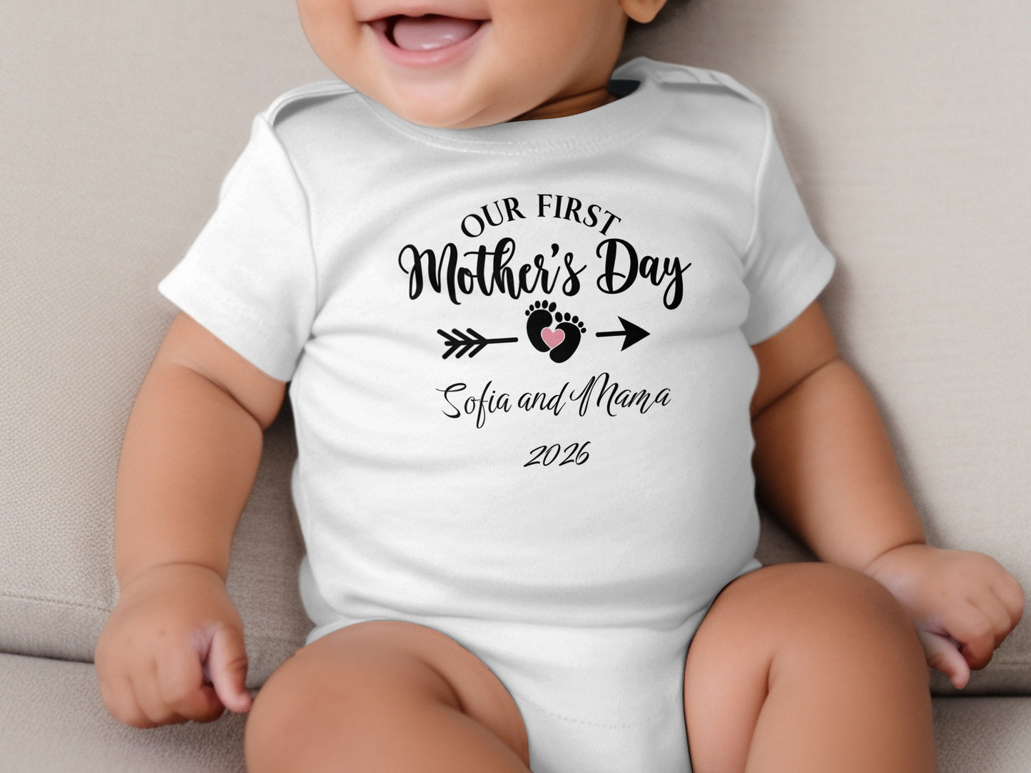 Baby onesie reading "Our First Mother's Day Sofia and Mama 2026".