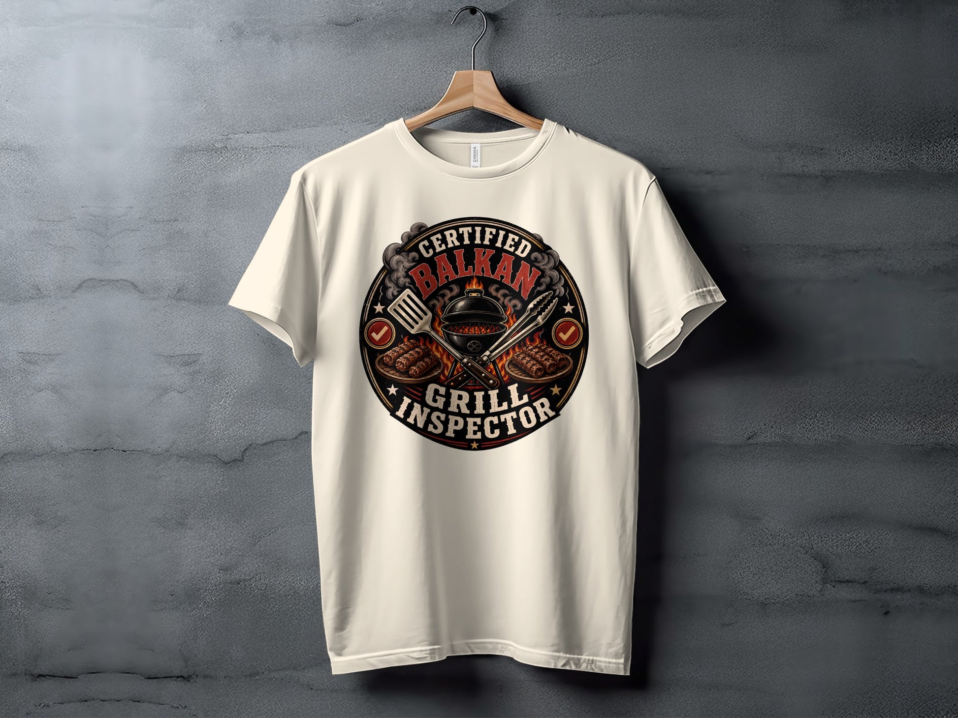 Certified Balkan Grill Inspector emblem with grilling tools.