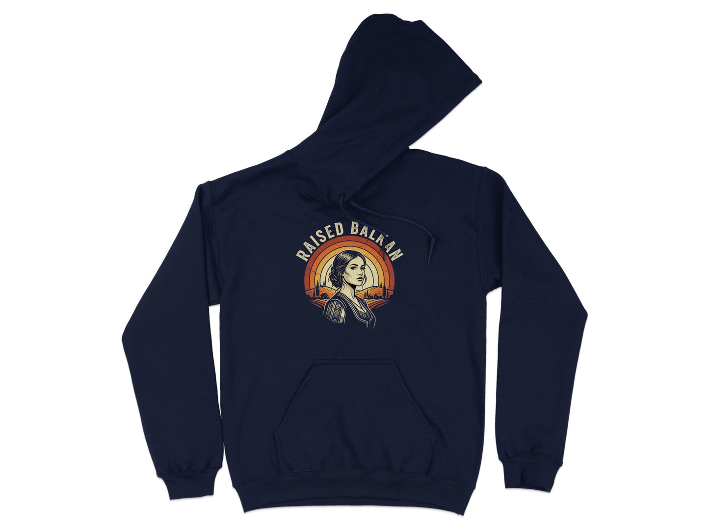 Navy hoodie with "Raised Balkan" text and a vintage sunset graphic.