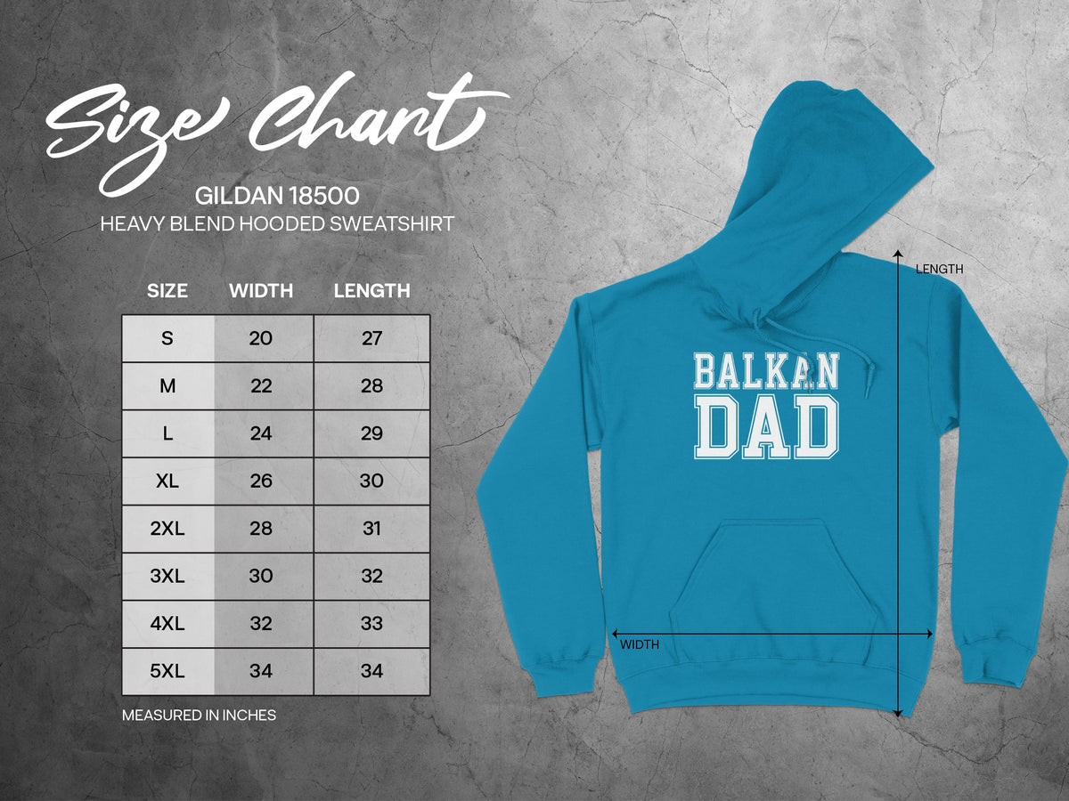 Gildan 18500 heavy blend hooded sweatshirt size chart with width and length measurements.