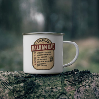 Certified Balkan Dad enamel mug with text list of dad duties.