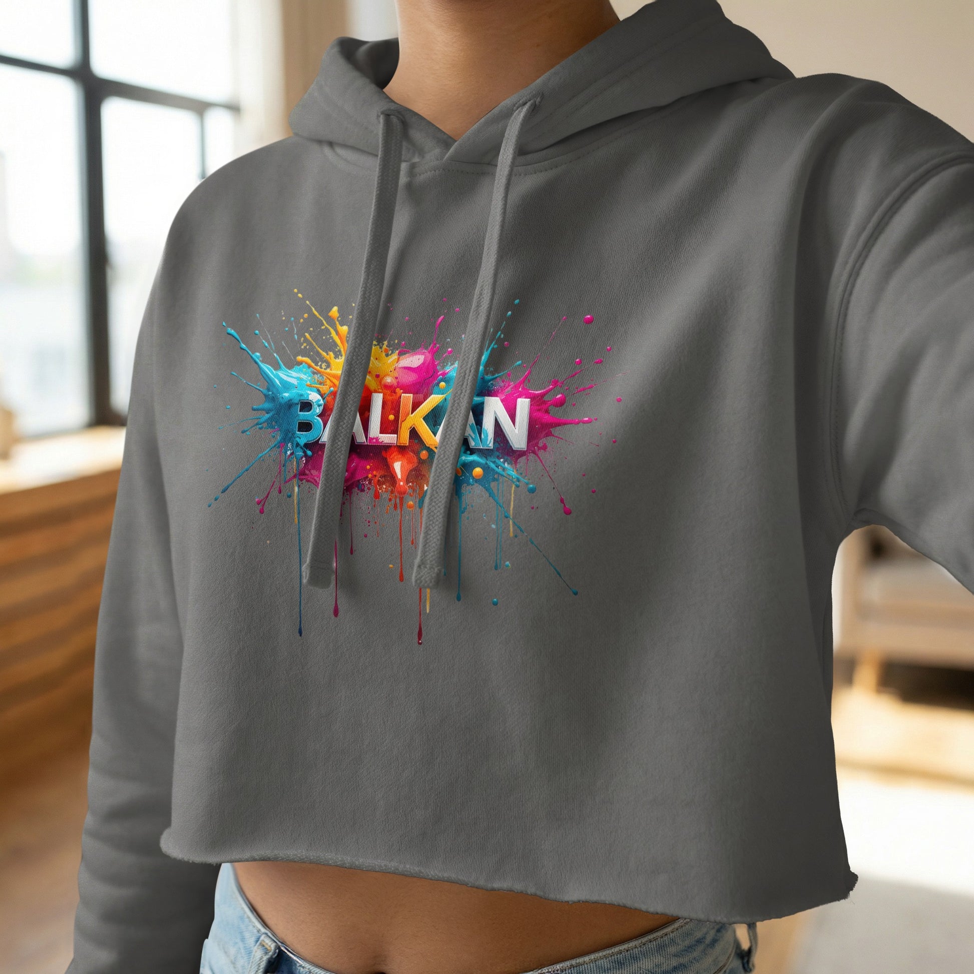 BALKAN colorful paint splash design cropped hoodie product type