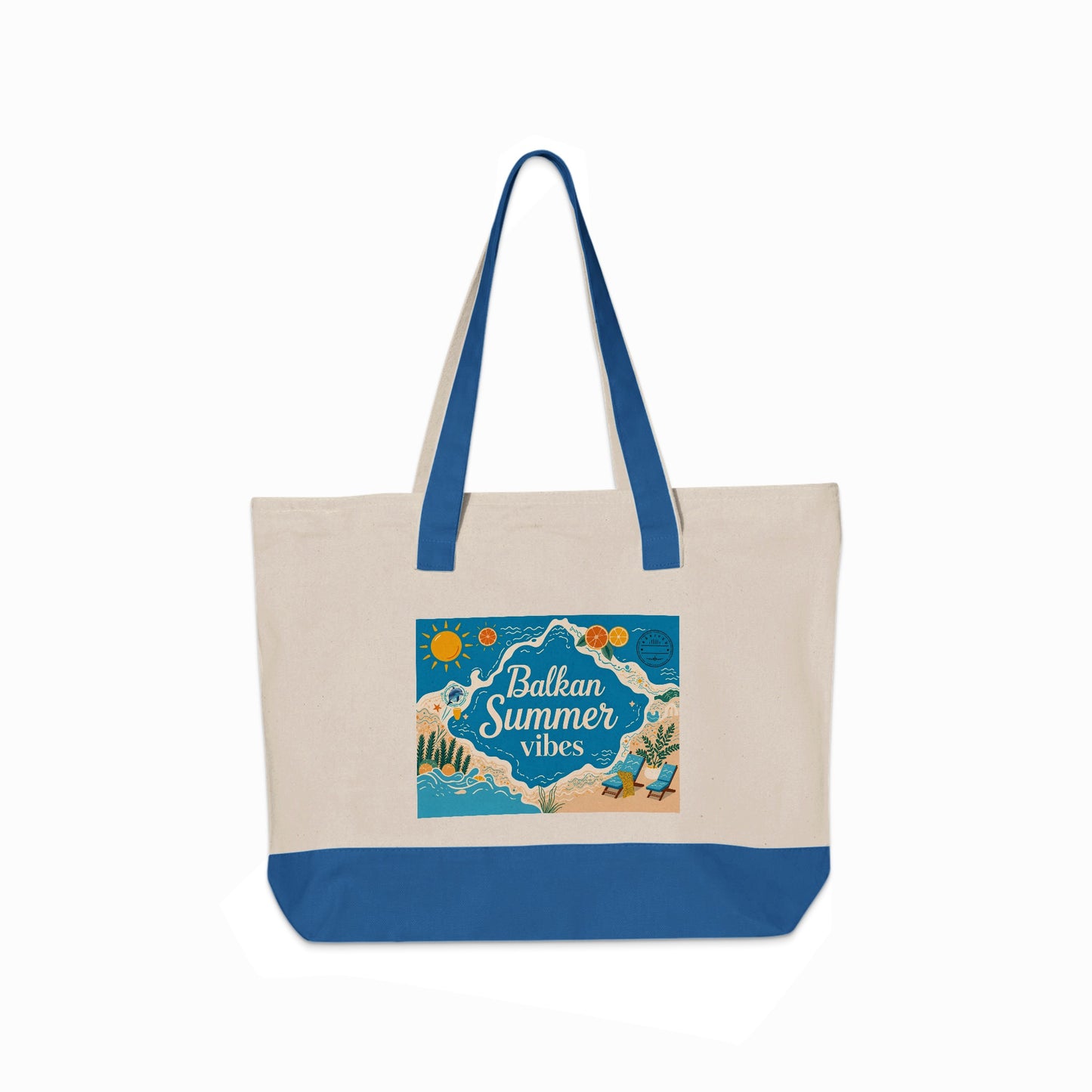 Canvas tote bag with "Balkan Summer vibes" text and beach scene.