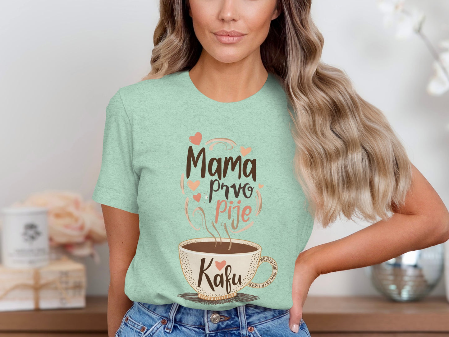 Mama Prvo Pije Kafu Graphic Tee Shirt
