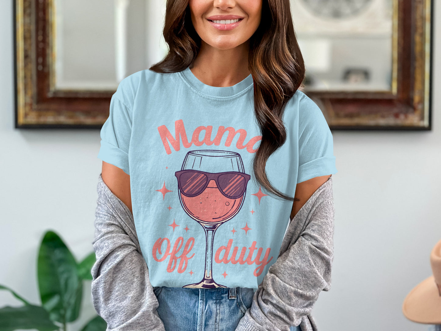 Mama Off Duty Wine Glass Sunglasses Graphic T-shirt