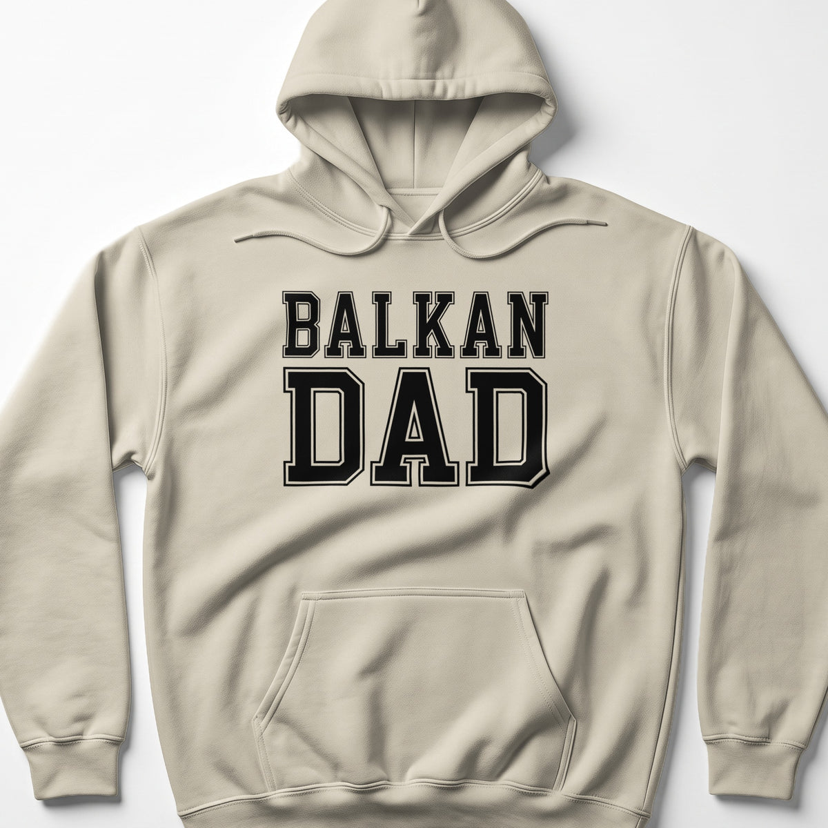 Light beige hooded sweatshirt with "BALKAN DAD" text across the chest.