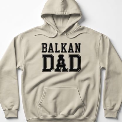 Light beige hooded sweatshirt with "BALKAN DAD" text across the chest.