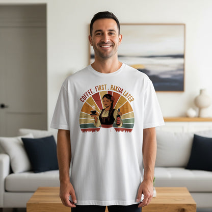 Man wearing a t-shirt with "Coffee, First. Rakija Later" text and illustration.