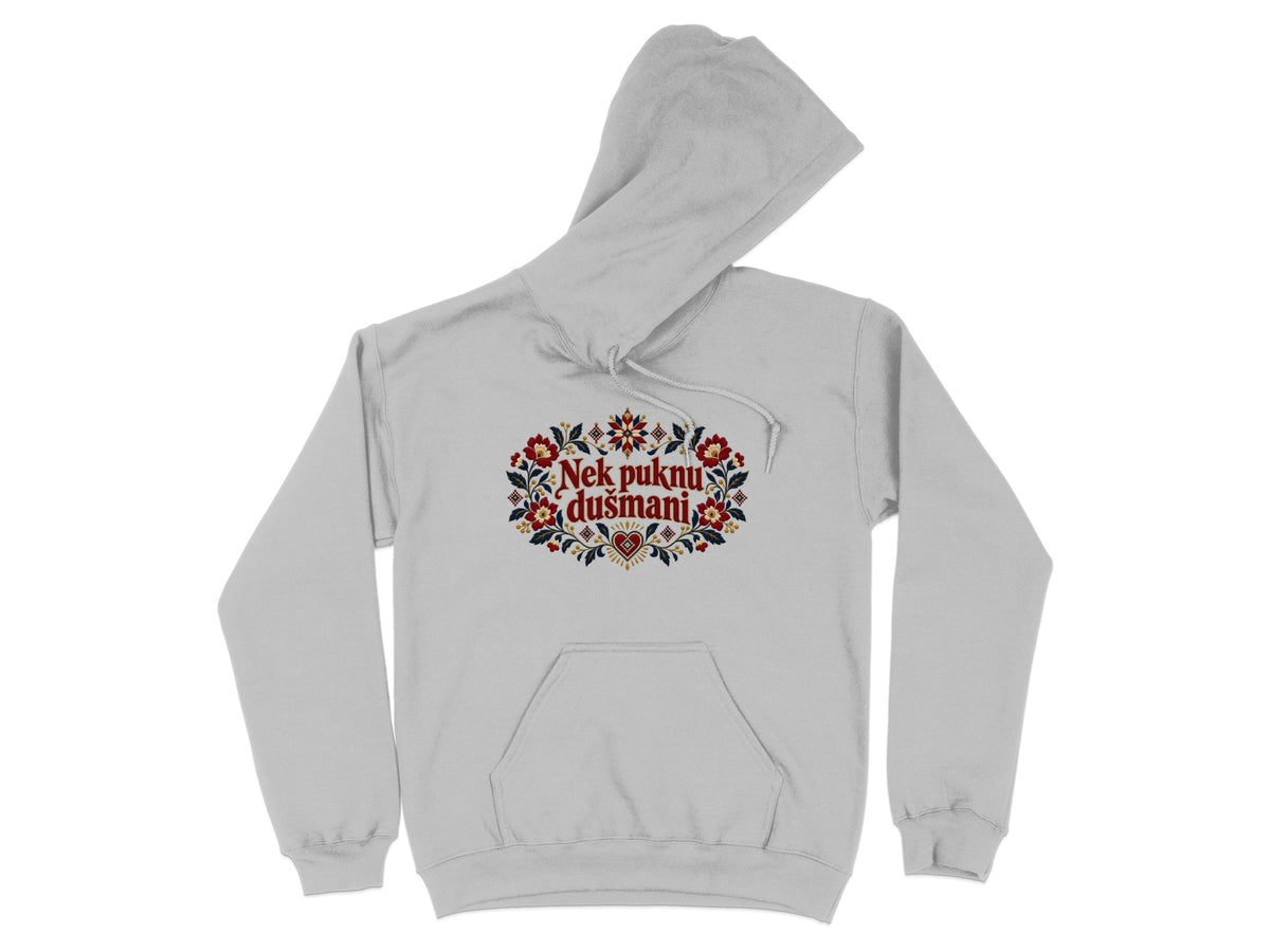 Light gray hooded sweatshirt with a front pocket and a red, blue, and yellow floral graphic featuring the text "Nek puknu dušmani".