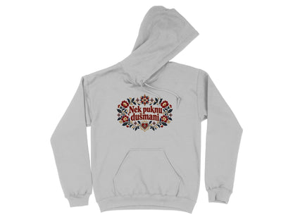 Light gray hooded sweatshirt with a front pocket and a red, blue, and yellow floral graphic featuring the text "Nek puknu dušmani".