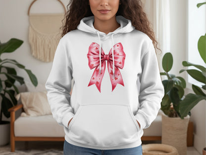 White Hoodie with Red Heart Bow Design for Women Apparel