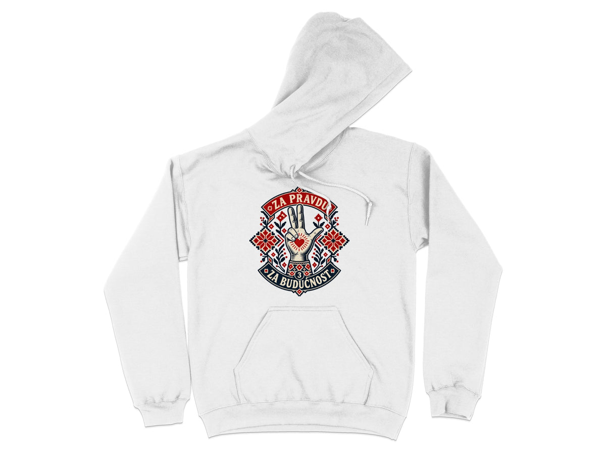 A white hooded sweatshirt with a chest graphic featuring a hand making a three-finger salute and red, blue, and black folk art motifs.