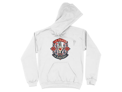 A white hooded sweatshirt with a chest graphic featuring a hand making a three-finger salute and red, blue, and black folk art motifs.