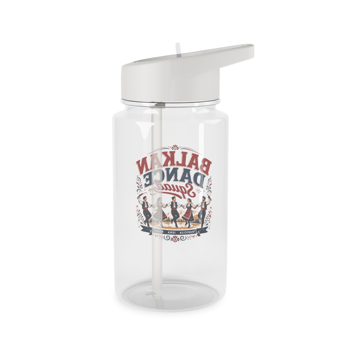 Clear water bottle with white lid and straw, featuring Balkan Dance Squad graphic.