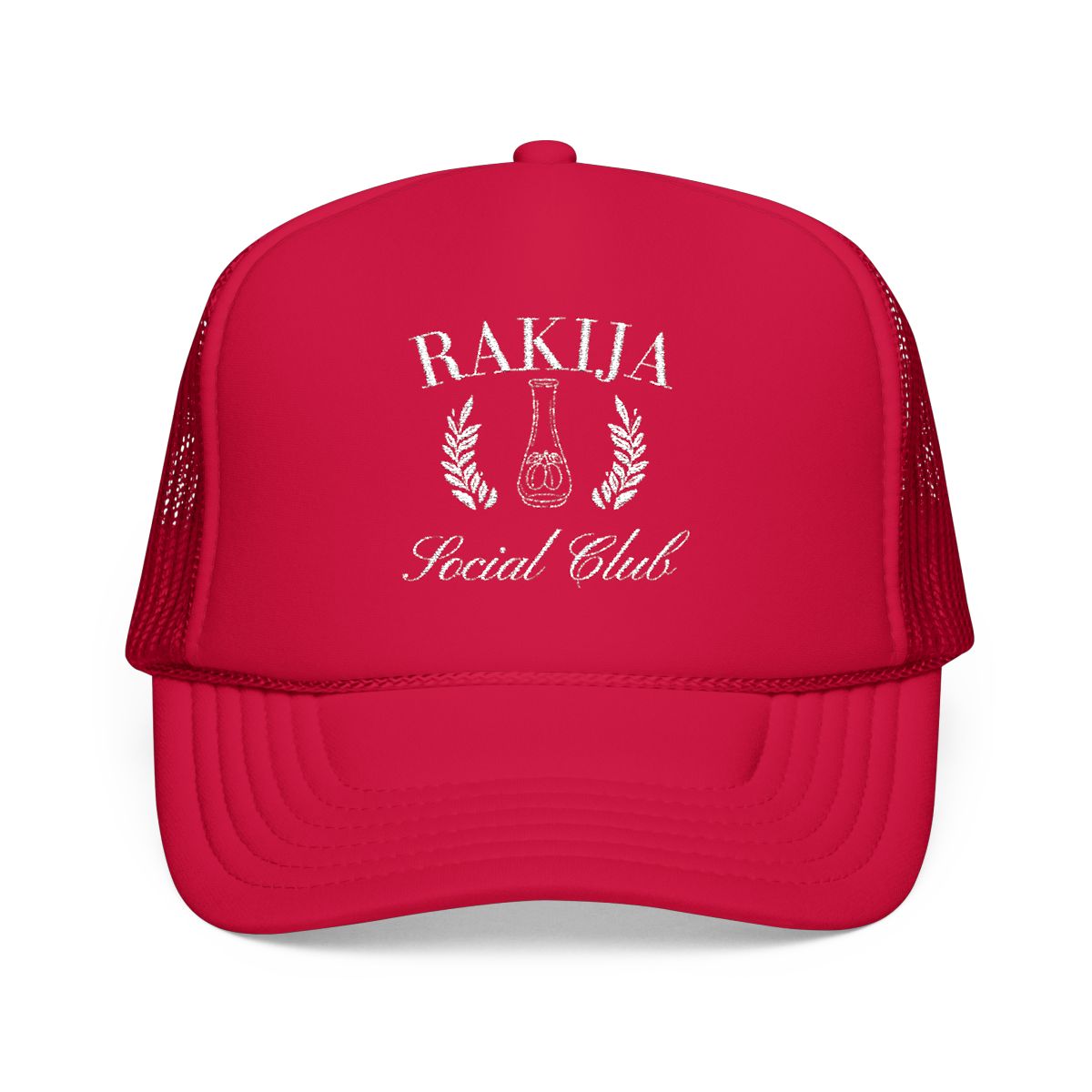 RAKIJA Social Club Logo Red Mesh Trucker Hat