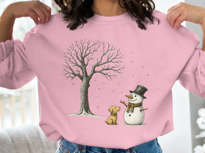 Snowman and Puppy Meeting under a Tree Sweatshirt