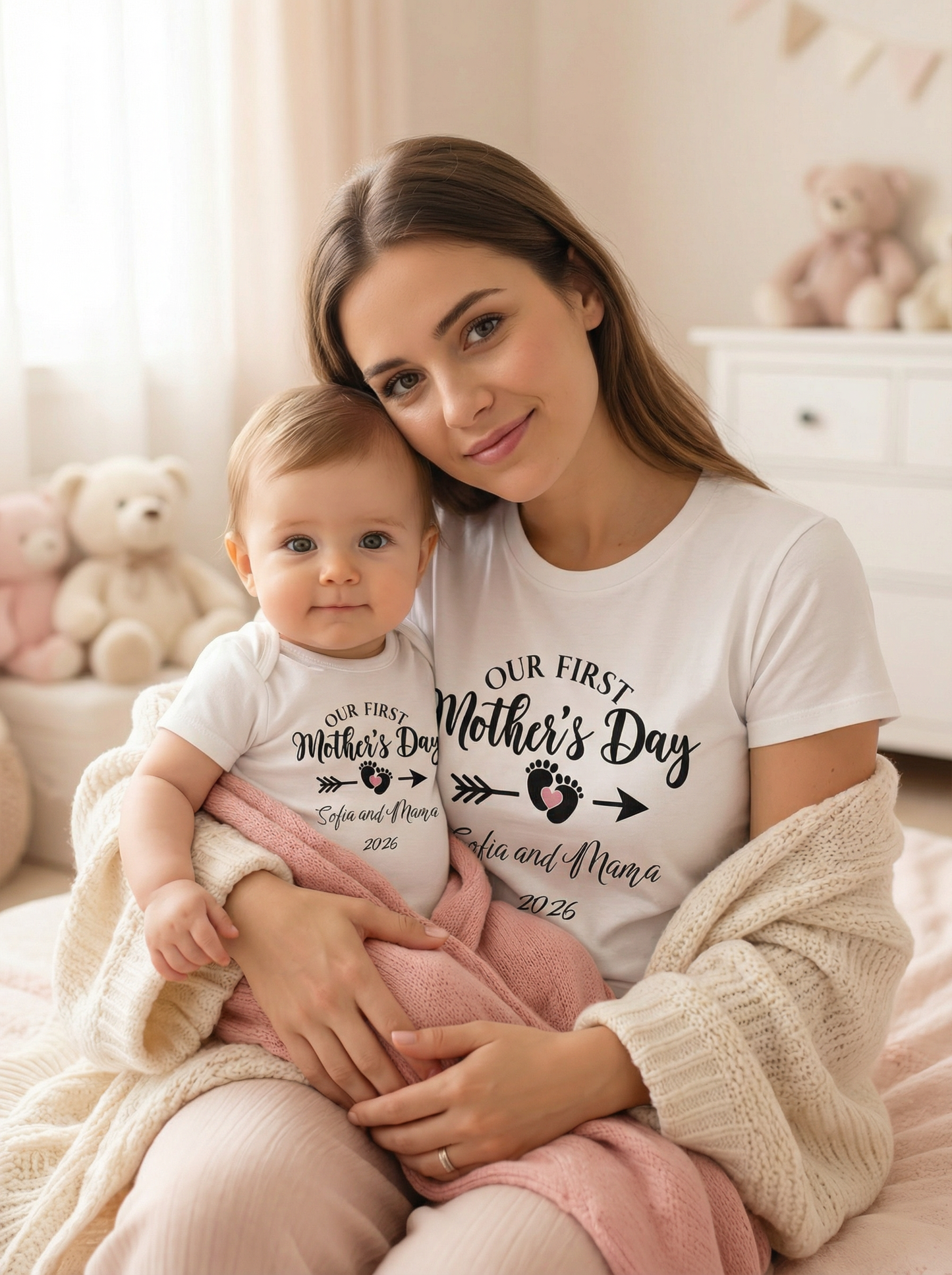 Our First Mother's Day Baby Girl and Mama 2026 Personalized T-shirt and Onesie