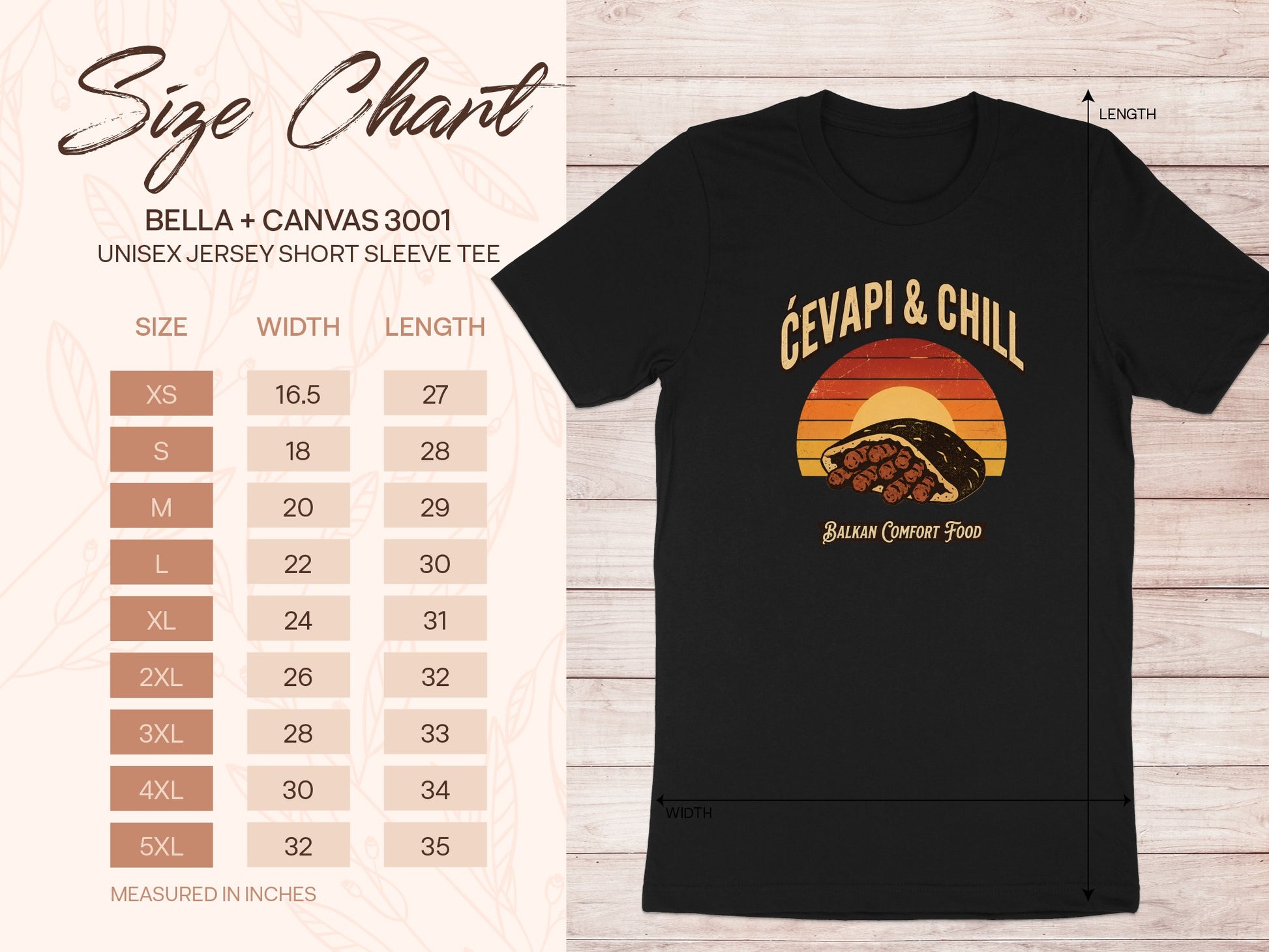 Black t-shirt with "Ćevapi & Chill Balkan Comfort Food" graphic and size chart.