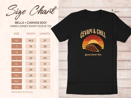 Black t-shirt with "Ćevapi & Chill Balkan Comfort Food" graphic and size chart.