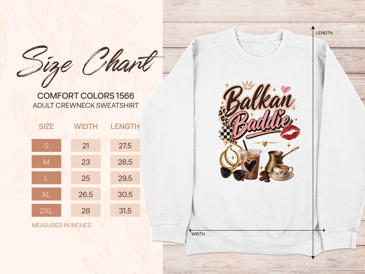 White crewneck sweatshirt with "Balkan Baddie" graphic and size chart.