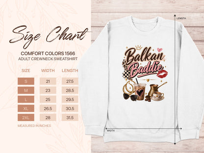 White crewneck sweatshirt with "Balkan Baddie" graphic and size chart.