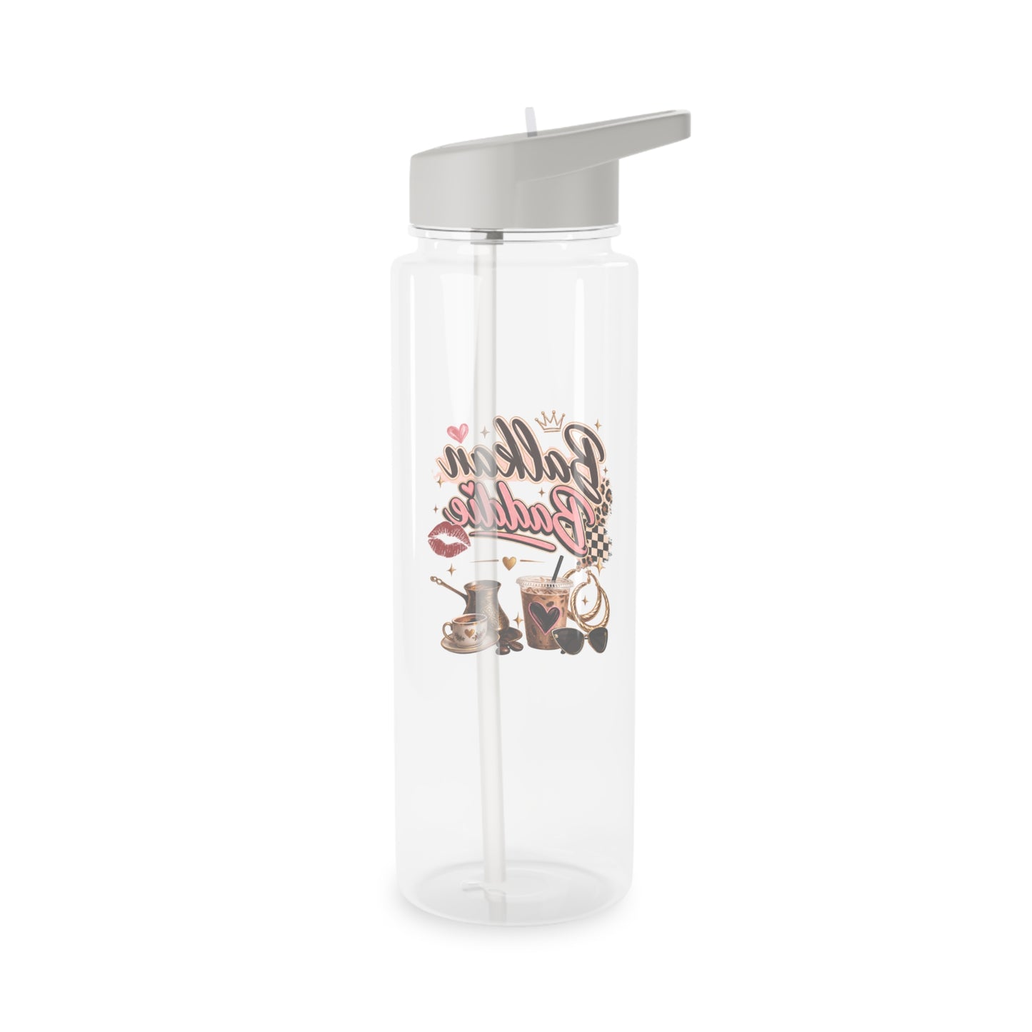 Clear water bottle with grey lid and straw featuring Barbie-themed graphics.