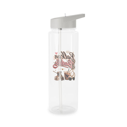 Clear water bottle with grey lid and straw featuring Barbie-themed graphics.
