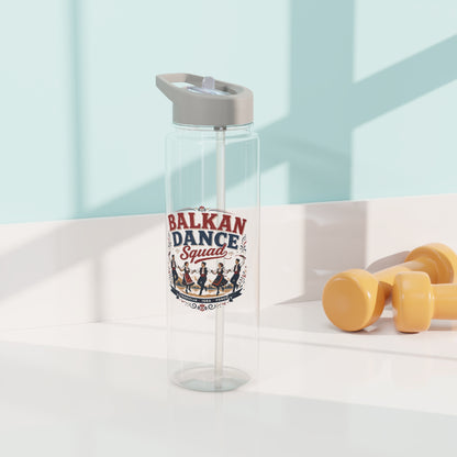 Clear water bottle with "Balkan Dance Squad" text and dancing figures graphic.