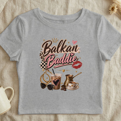 Grey t-shirt with "Balkan Baddie" text, coffee cup, cezve, and accessories.