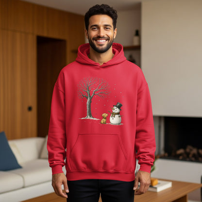 Festive Red Hoodie with Snowman and Tree Design