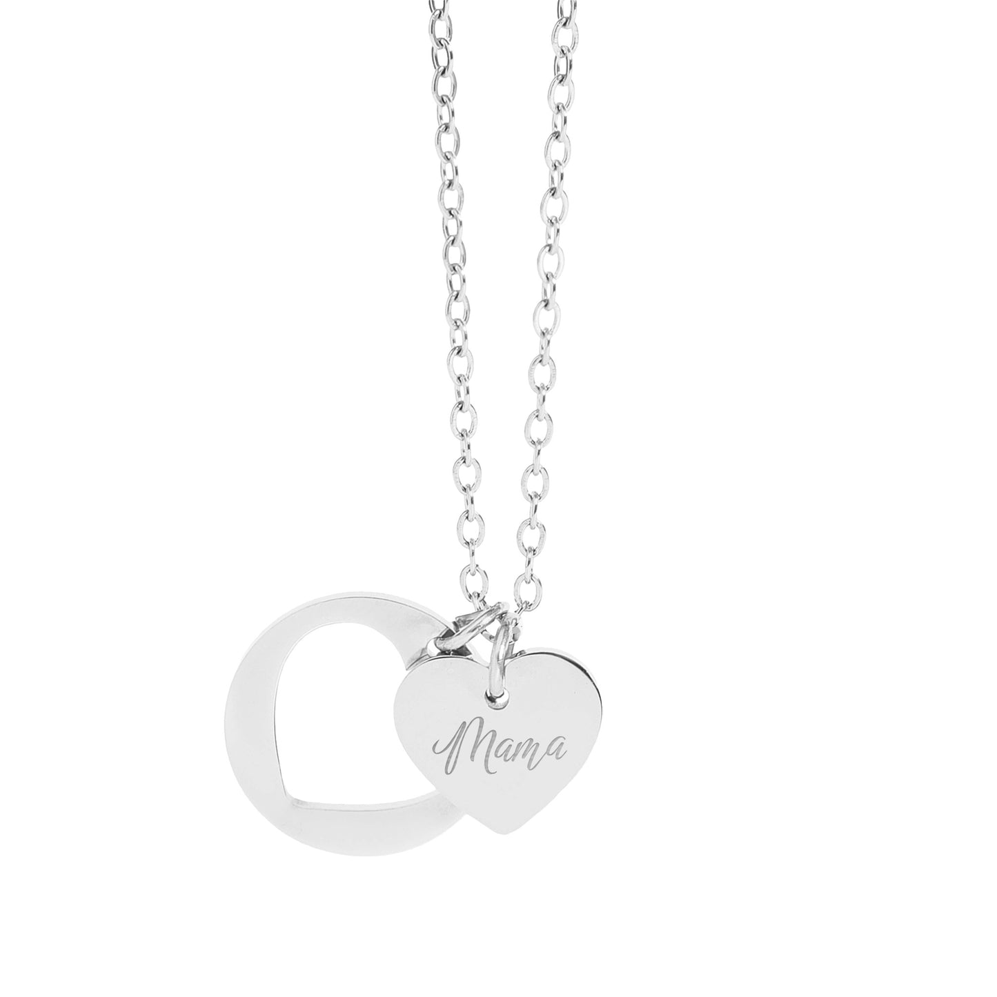 Silver pendant necklace with a heart charm engraved with "Mama."