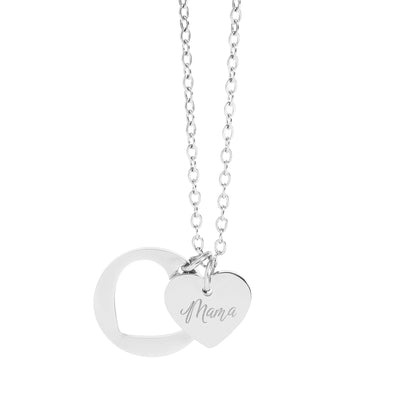 Silver pendant necklace with a heart charm engraved with "Mama."