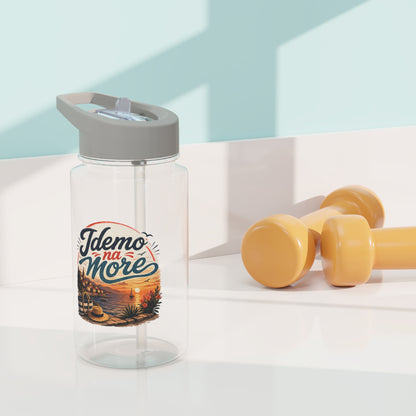 Clear water bottle with grey lid and straw, graphics of beach scene and text "Idemo na More".