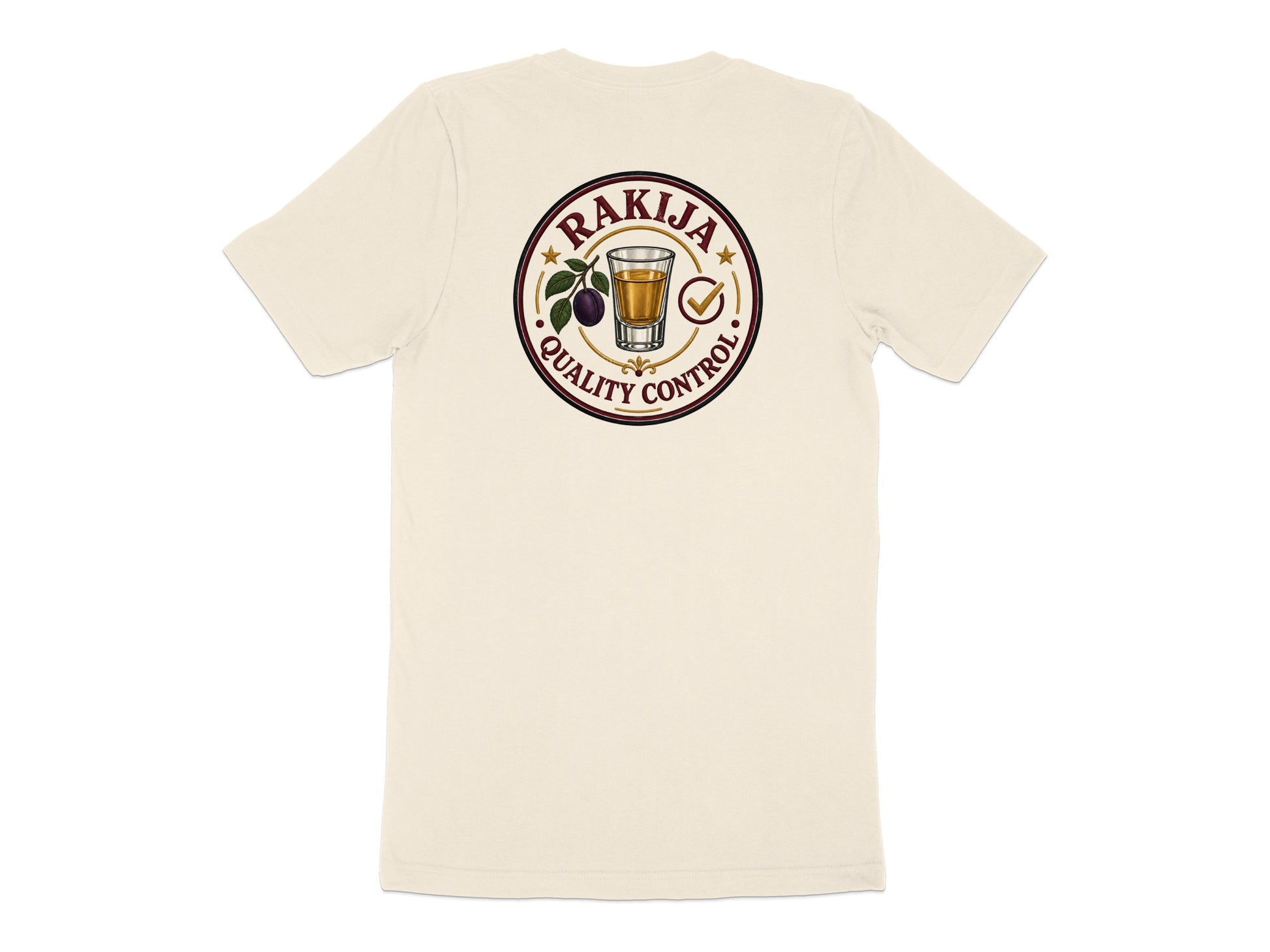 Cream t-shirt back with "Rakija Quality Control" circular logo and fruit illustration.