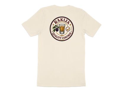 Cream t-shirt back with "Rakija Quality Control" circular logo and fruit illustration.