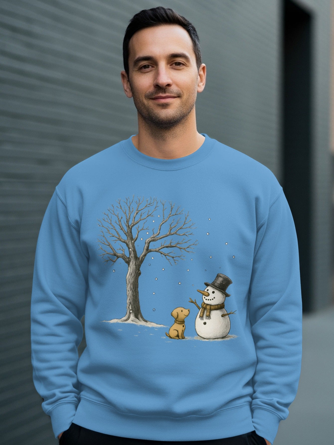 Snowman and Dog with Tree Print Sweatshirt Product